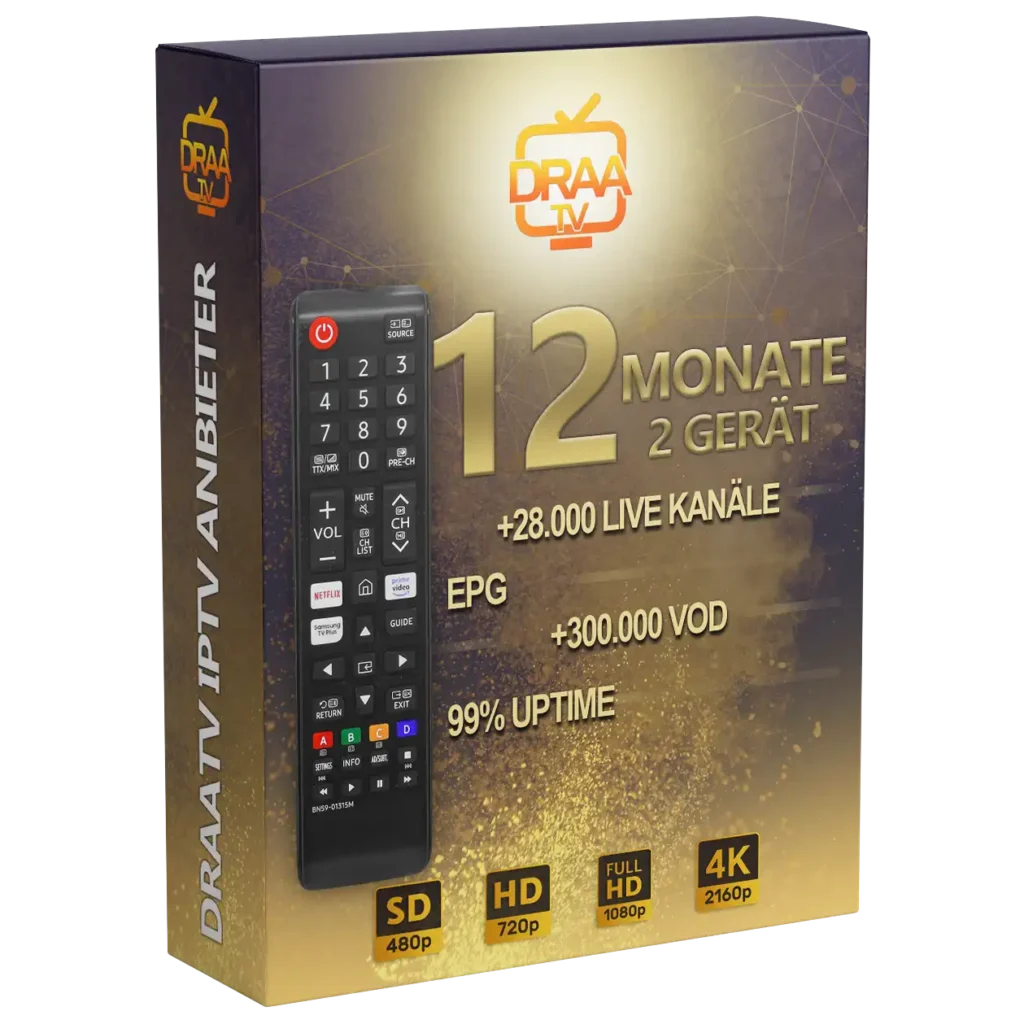 DraaTV 12 Monate IPTV Paket - 2 Geräte mit 28.000 Live-Kanälen, EPG, 300.000 VOD und 99% Uptime