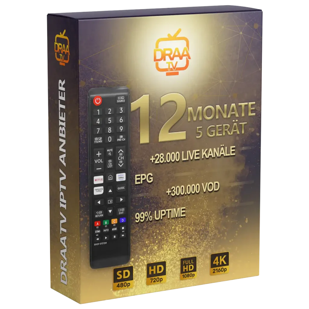 DraaTV 12 Monate IPTV Paket - 5 Geräte mit 28.000 Live-Kanälen, EPG, 300.000 VOD und 99% Uptime