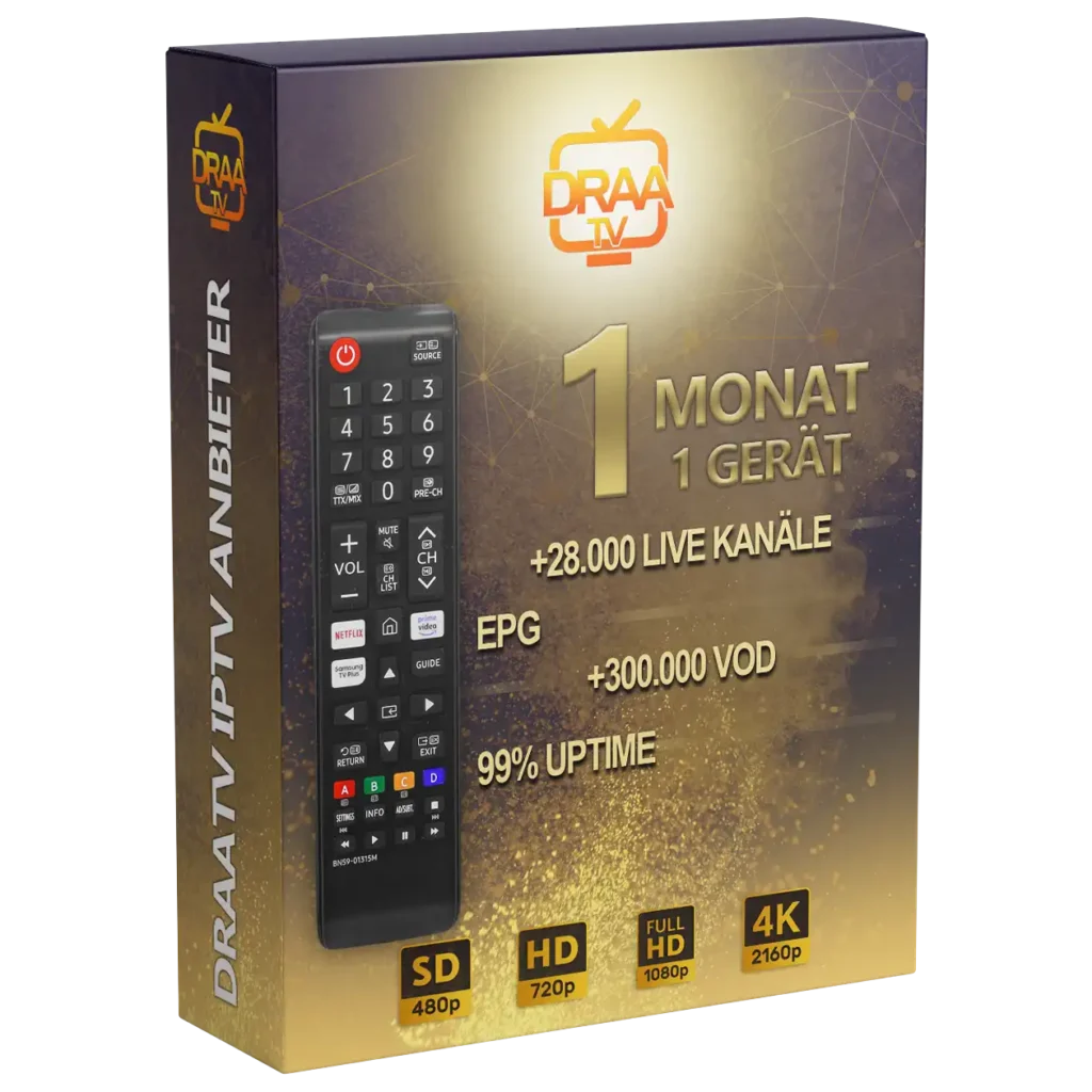 DraaTV 1 Monat IPTV Paket - 1 Gerät mit 28.000 Live-Kanälen, EPG, 300.000 VOD und 99% Uptime