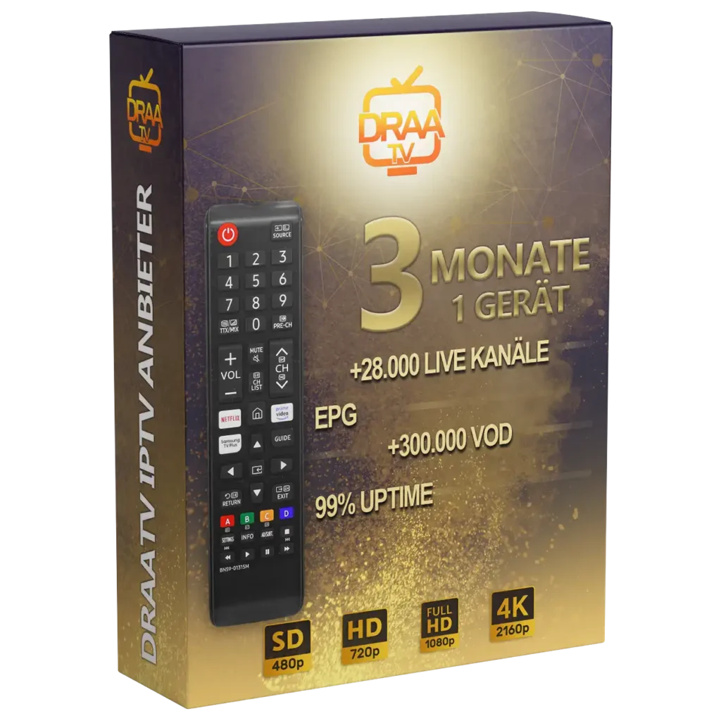 DraaTV 3 Monate IPTV Paket - 1 Gerät mit 28.000 Live-Kanälen, EPG, 300.000 VOD und 99% Uptime